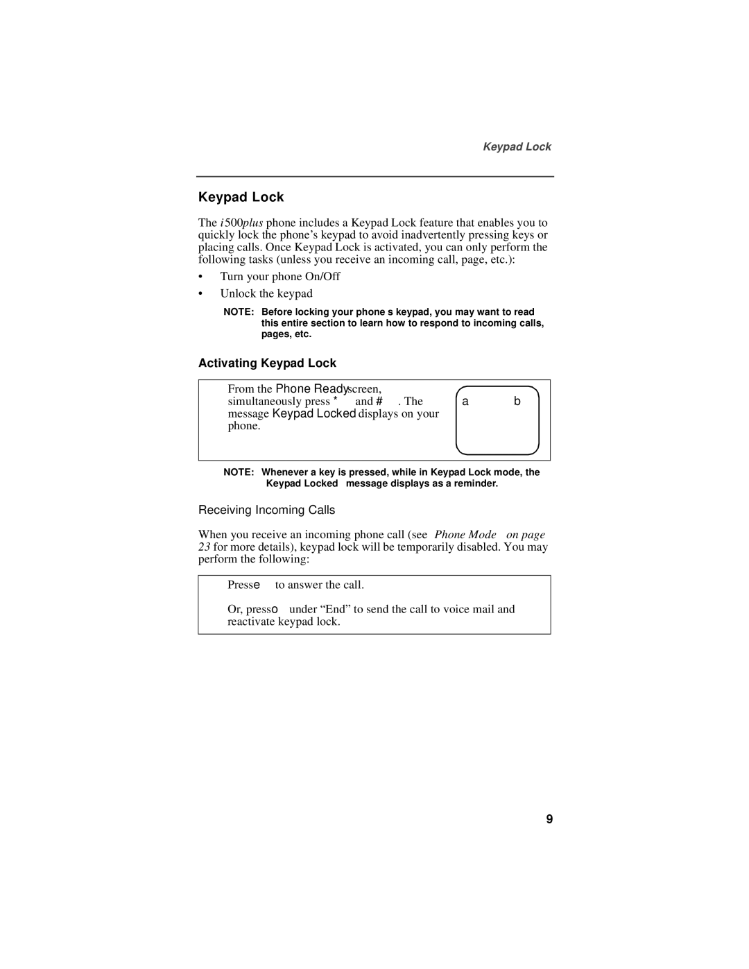 Motorola i500plus manual Activating Keypad Lock, Receiving Incoming Calls 