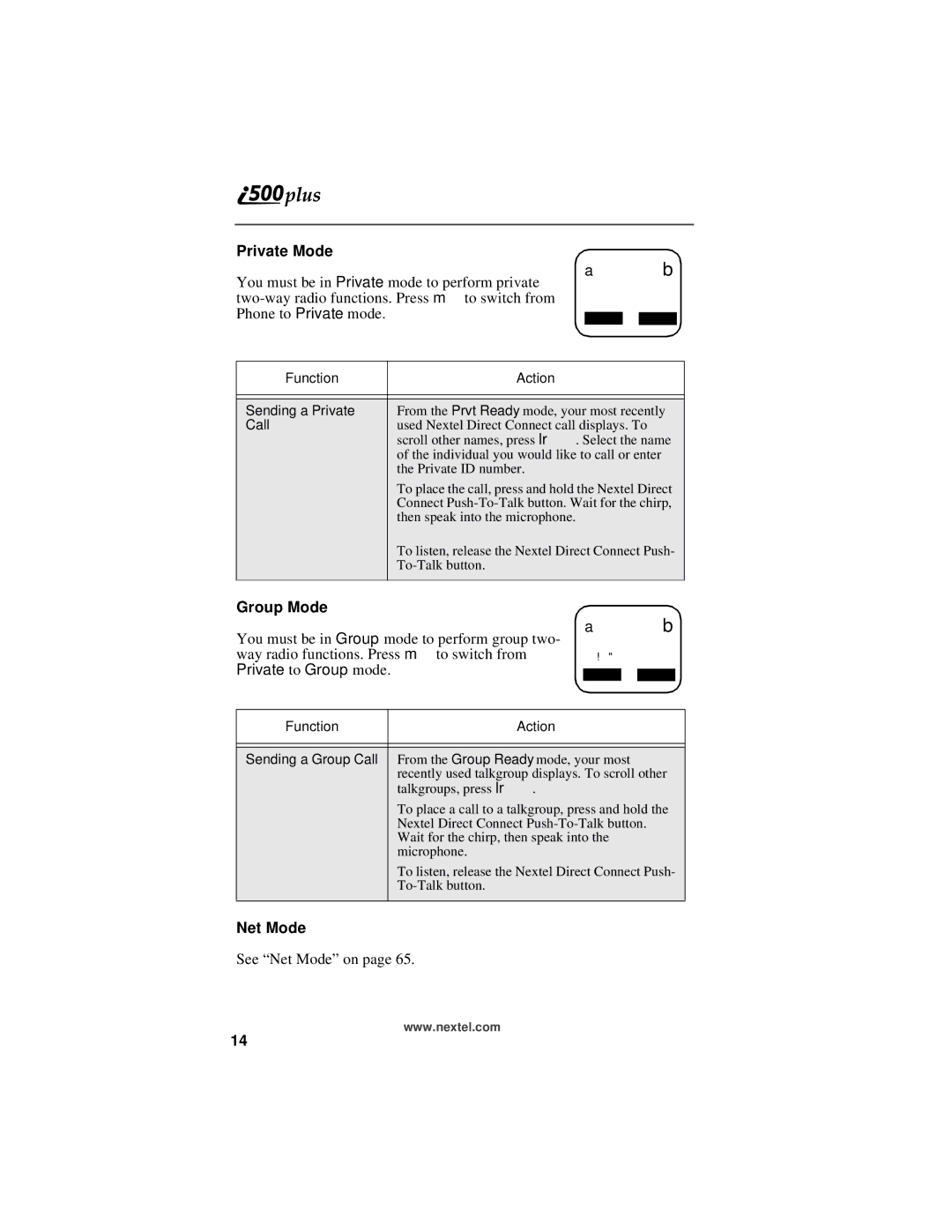 Motorola i500plus manual Private Mode, Group Mode, Net Mode 