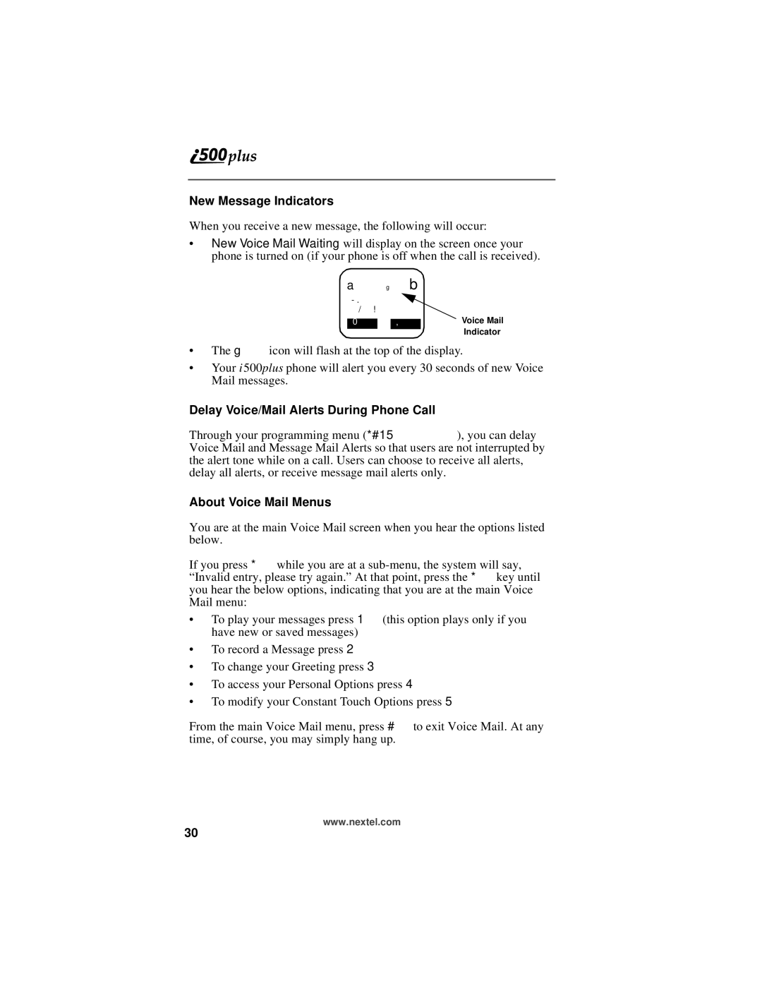 Motorola i500plus manual New Message Indicators, Delay Voice/Mail Alerts During Phone Call, About Voice Mail Menus 