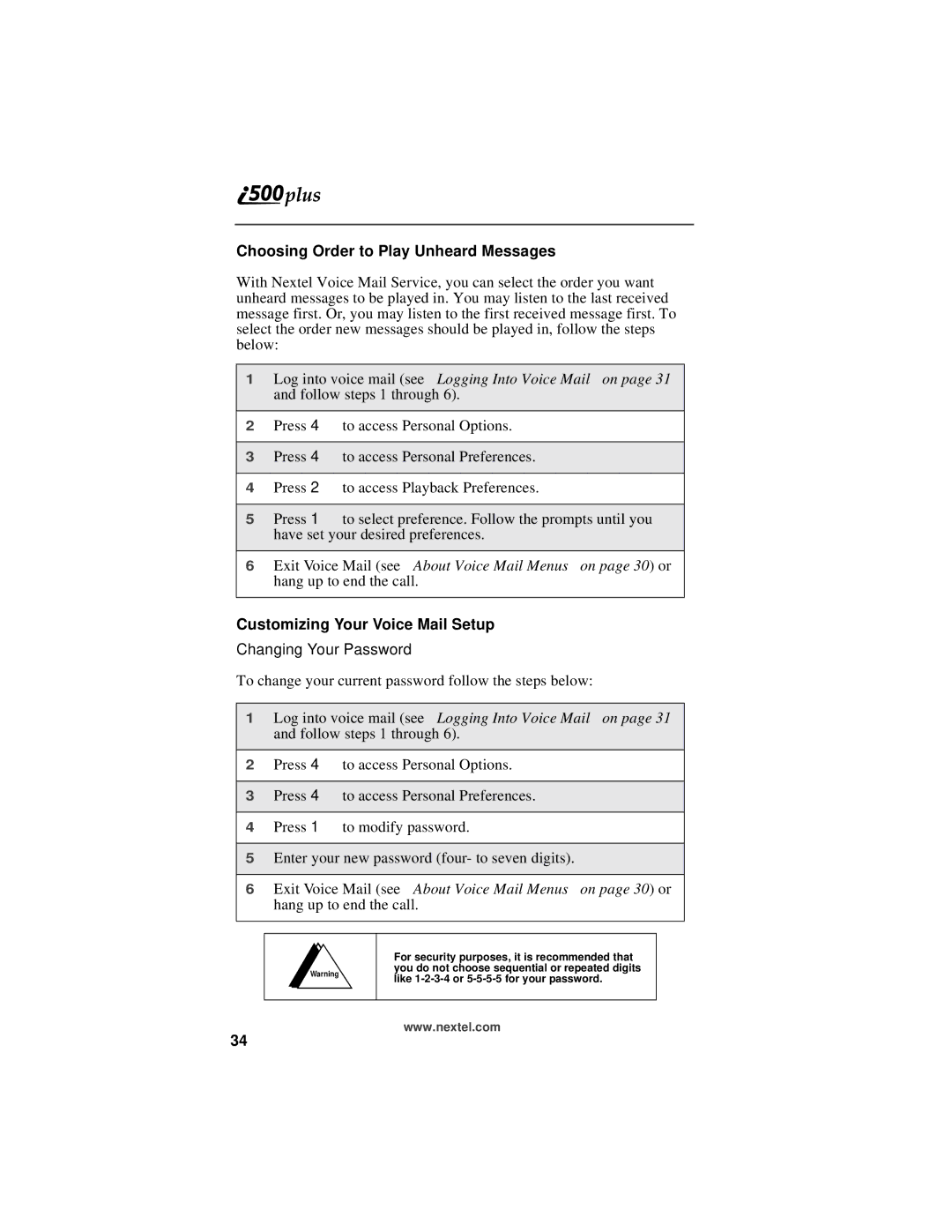 Motorola i500plus manual Choosing Order to Play Unheard Messages, Customizing Your Voice Mail Setup, Changing Your Password 