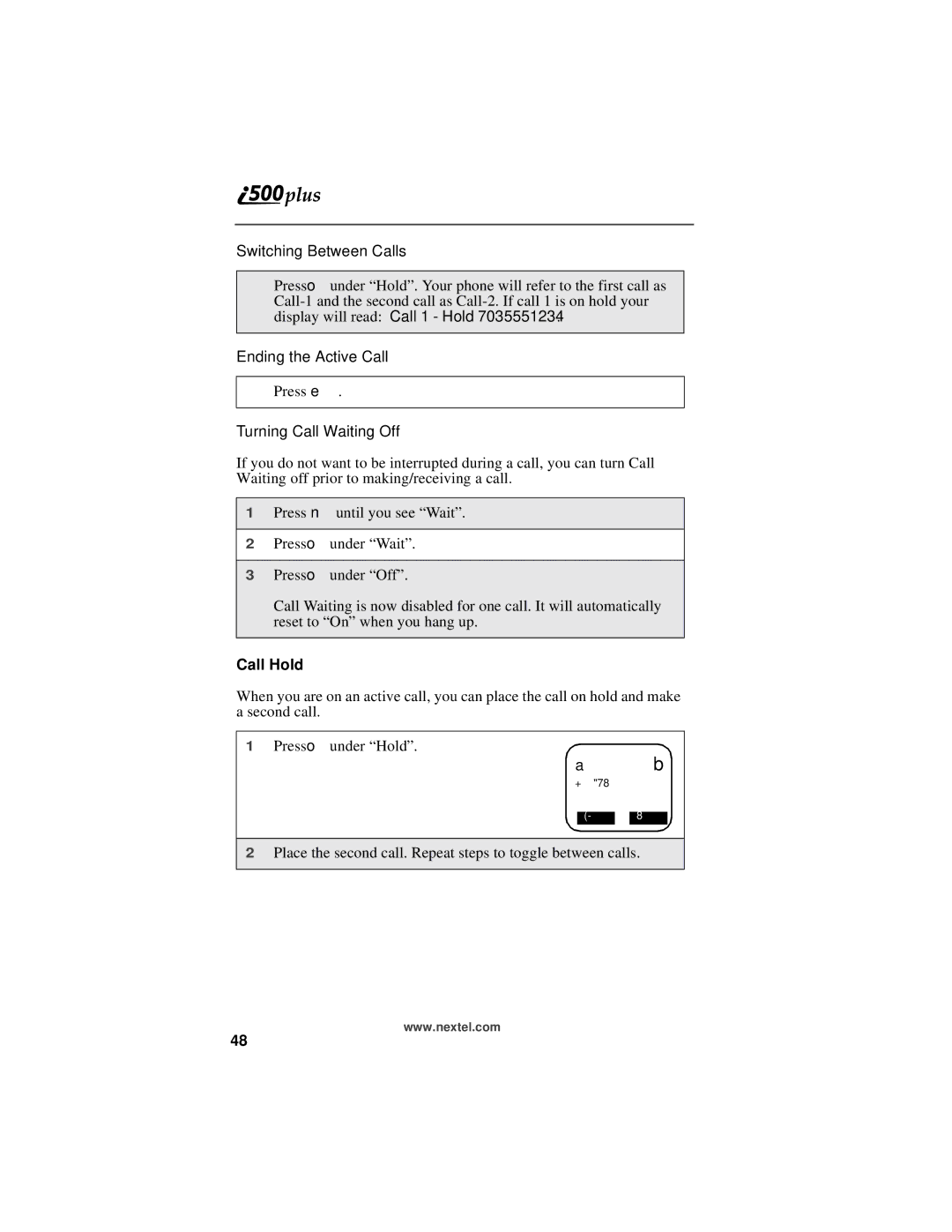 Motorola i500plus manual Switching Between Calls, Ending the Active Call, Turning Call Waiting Off, Call Hold 