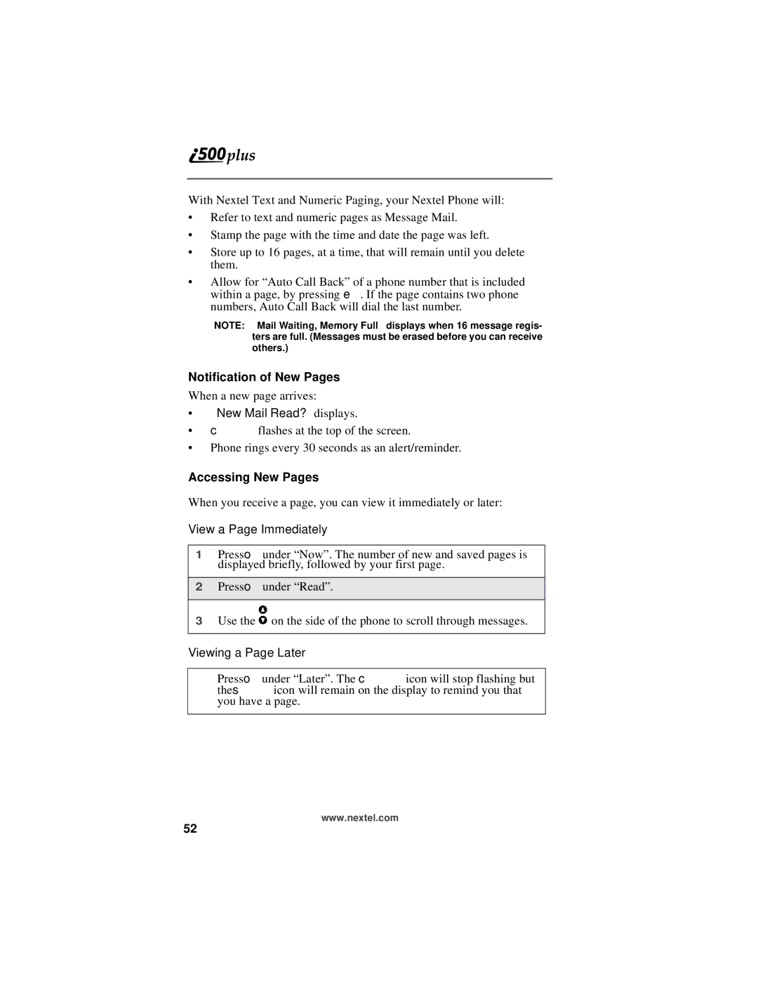 Motorola i500plus manual Notification of New Pages, Accessing New Pages, View a Page Immediately, Viewing a Page Later 