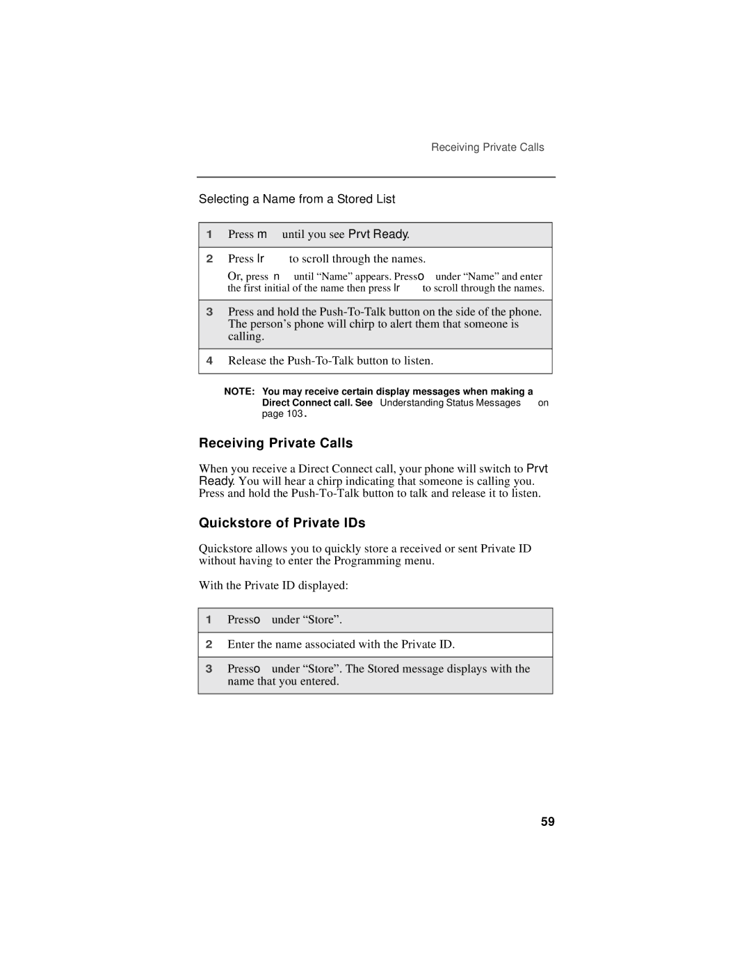 Motorola i500plus manual Receiving Private Calls, Quickstore of Private IDs, Selecting a Name from a Stored List 