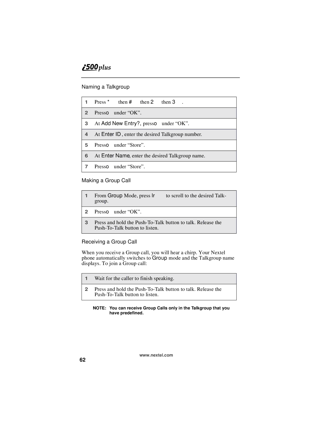 Motorola i500plus manual Naming a Talkgroup, Making a Group Call, Receiving a Group Call 