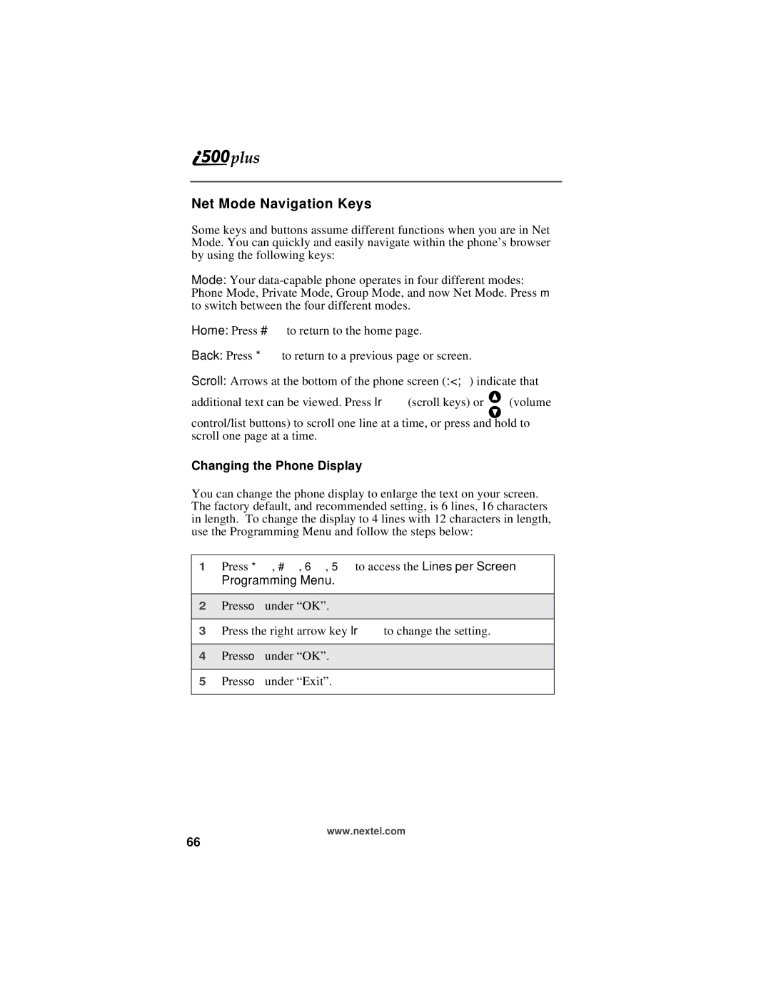 Motorola i500plus manual Net Mode Navigation Keys, Changing the Phone Display 