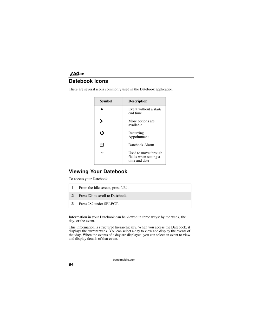 Motorola i50sx manual Datebook Icons, Viewing Your Datebook 