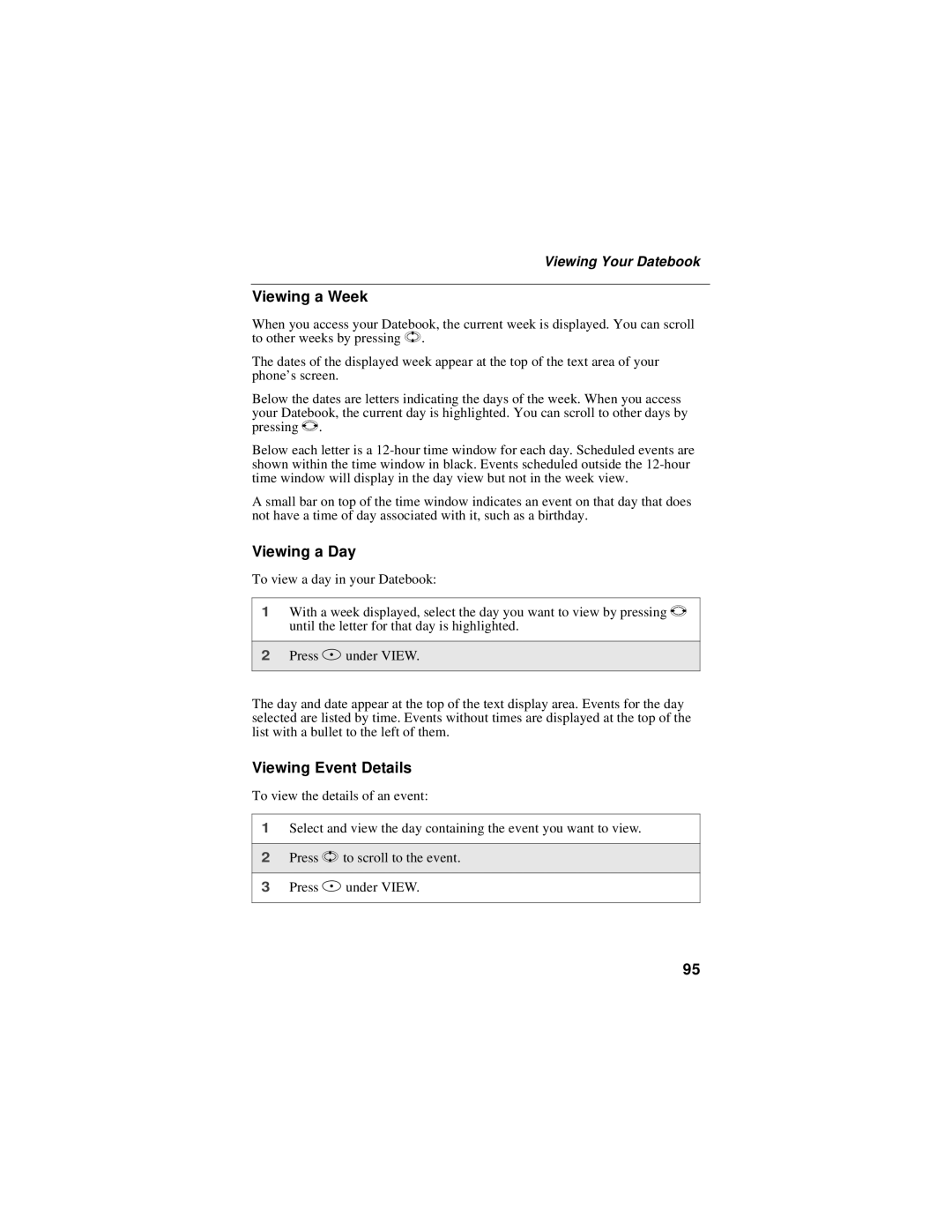 Motorola i50sx manual Viewing a Week, Viewing a Day, Viewing Event Details, Viewing Your Datebook 