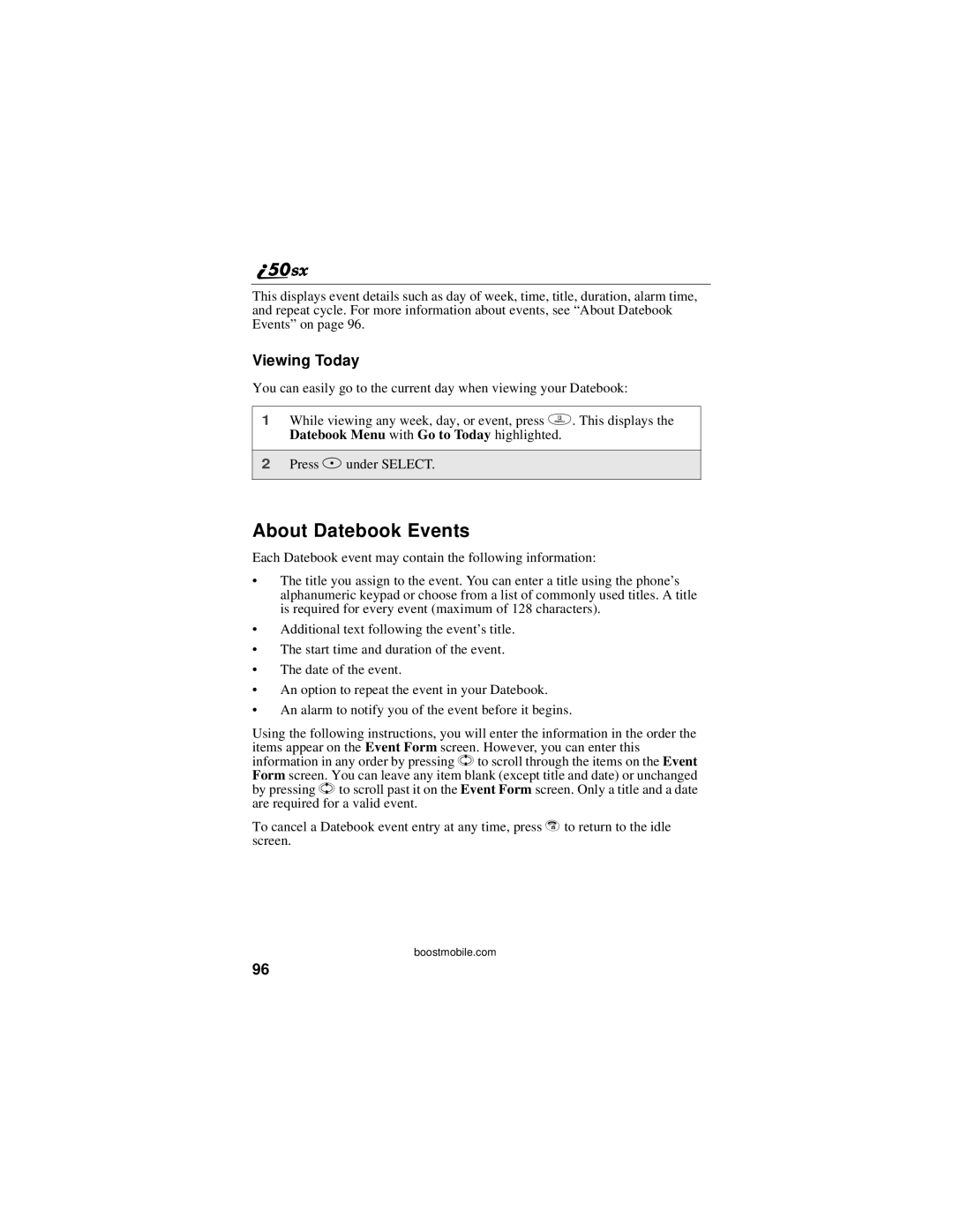 Motorola i50sx manual About Datebook Events, Viewing Today 