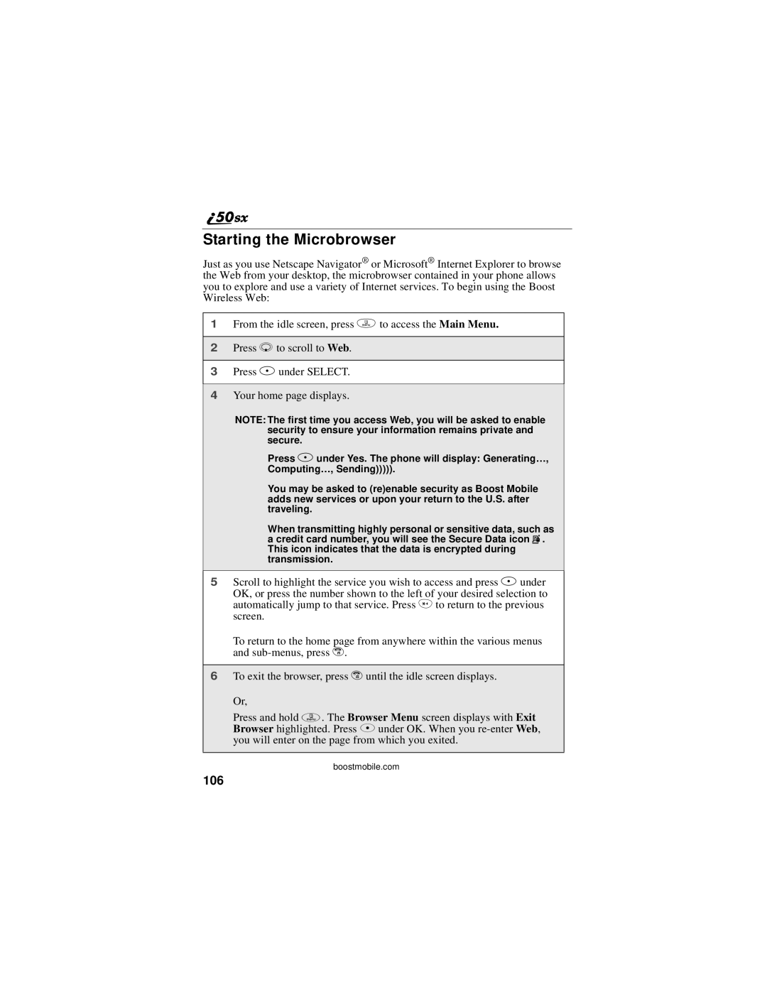 Motorola i50sx manual Starting the Microbrowser, 106 