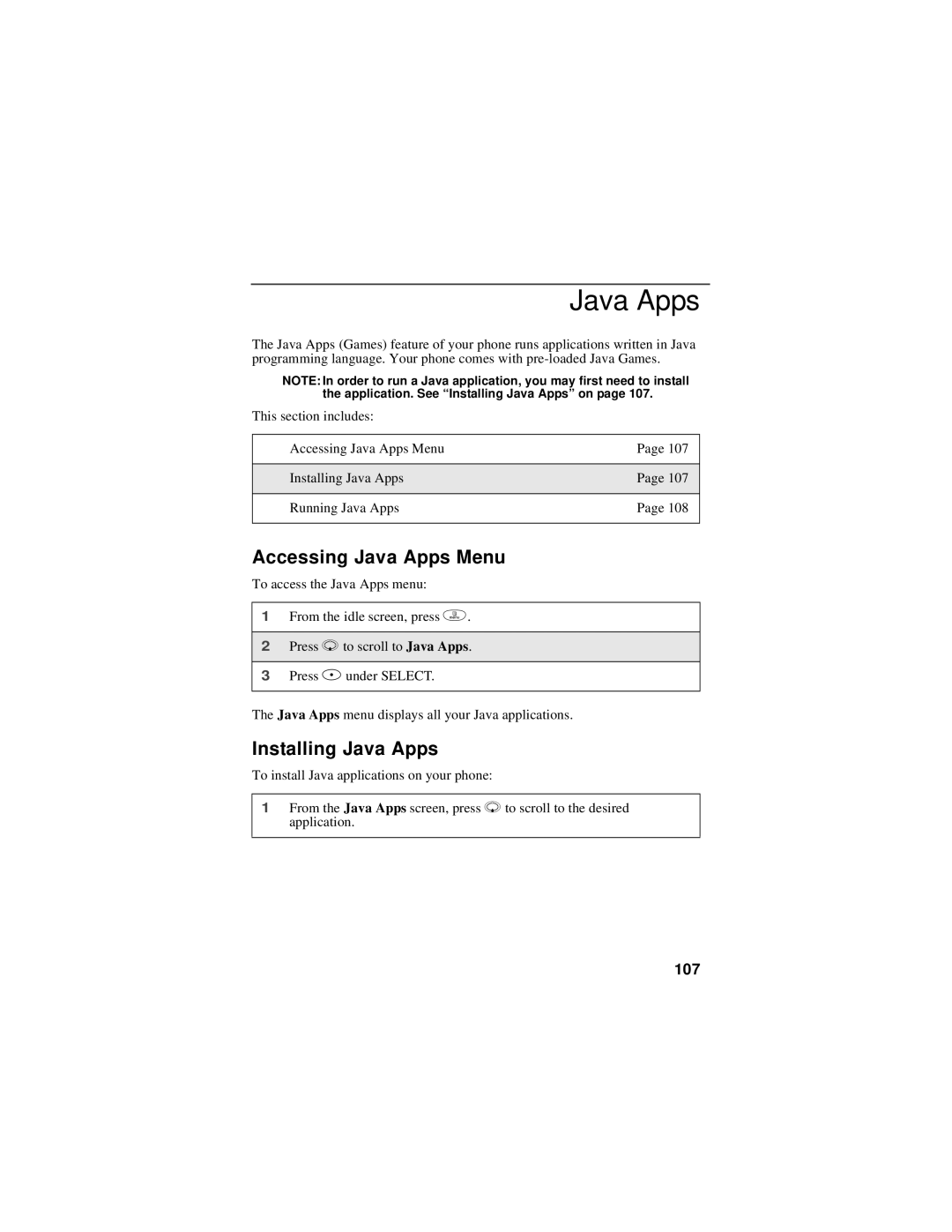 Motorola i50sx manual Accessing Java Apps Menu, Installing Java Apps, 107 