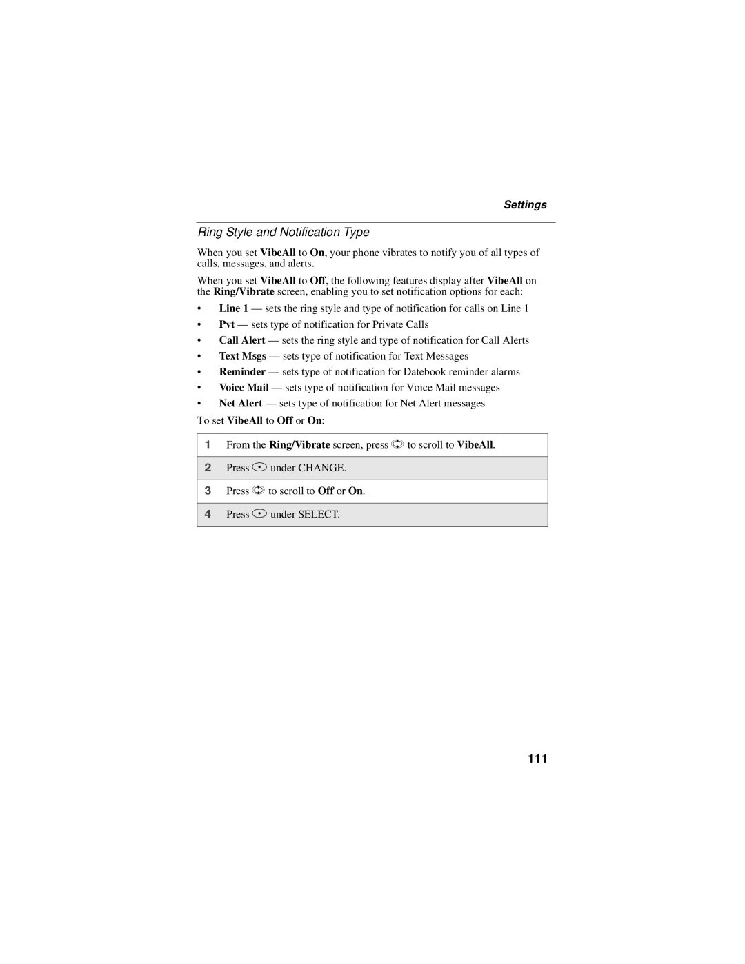 Motorola i50sx manual Ring Style and Notification Type, 111, Settings 