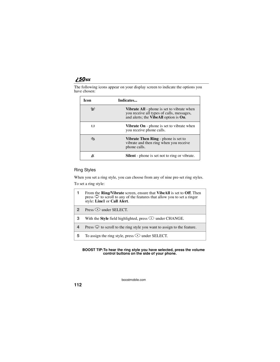 Motorola i50sx manual 112, Vibrate Then Ring phone is set to 