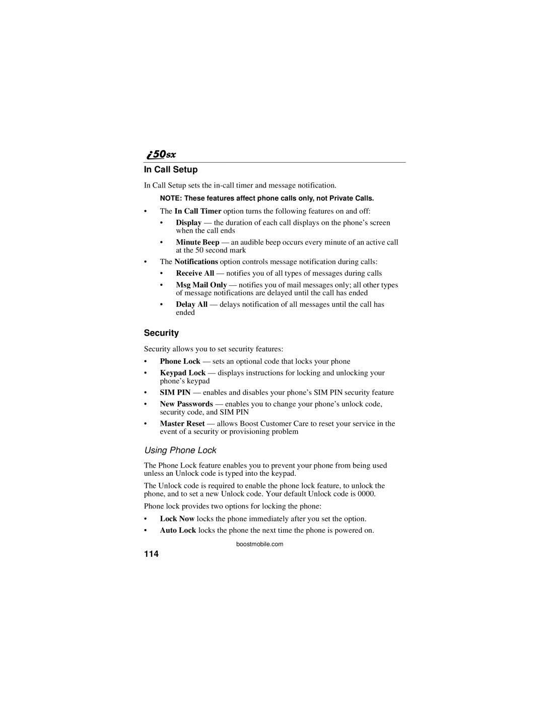 Motorola i50sx manual Call Setup, Security, Using Phone Lock, 114 