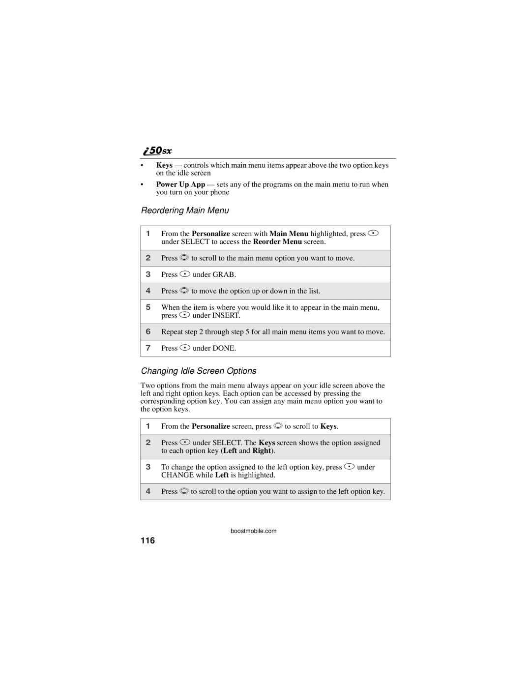 Motorola i50sx manual Reordering Main Menu, Changing Idle Screen Options, 116 