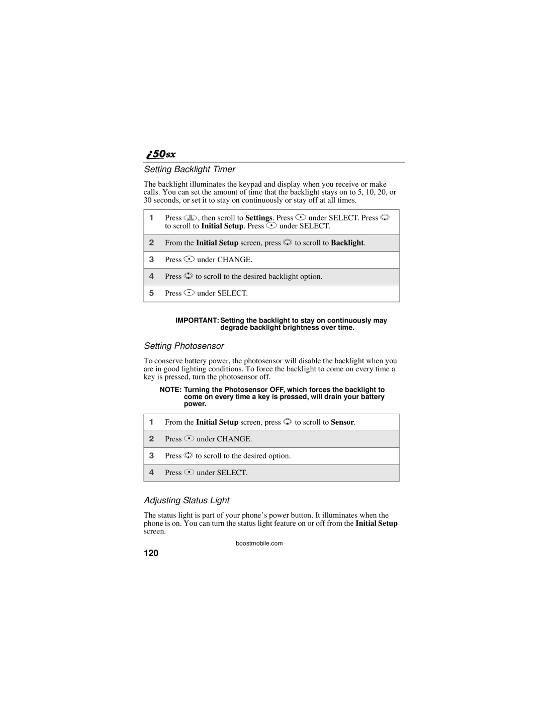 Motorola i50sx manual Setting Backlight Timer, Setting Photosensor, Adjusting Status Light, 120 