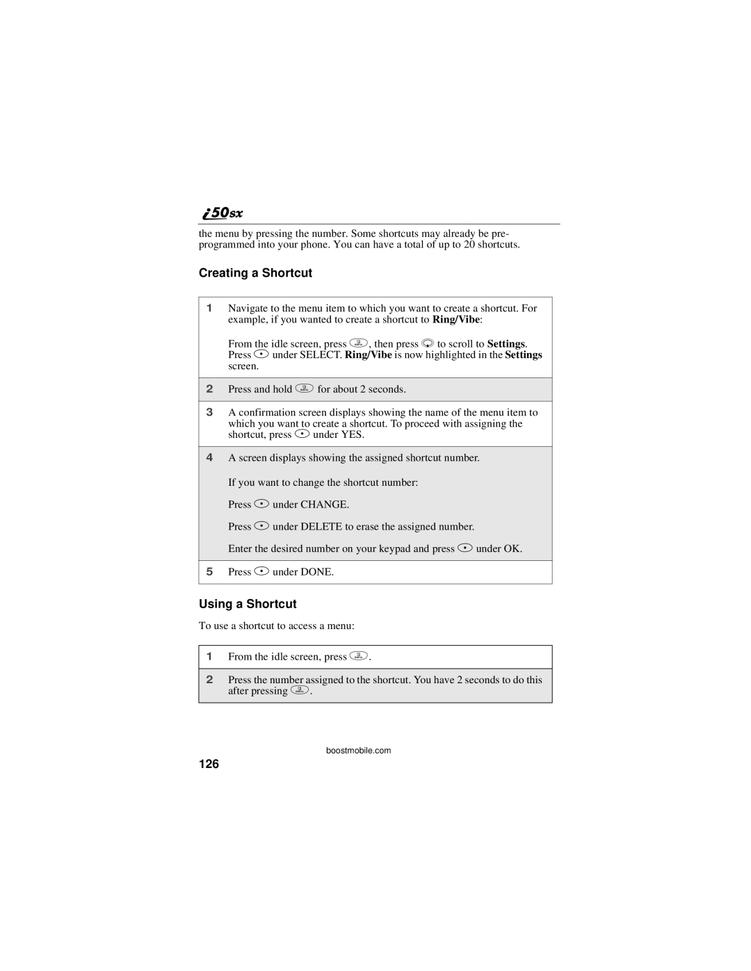 Motorola i50sx manual Creating a Shortcut, Using a Shortcut, 126 