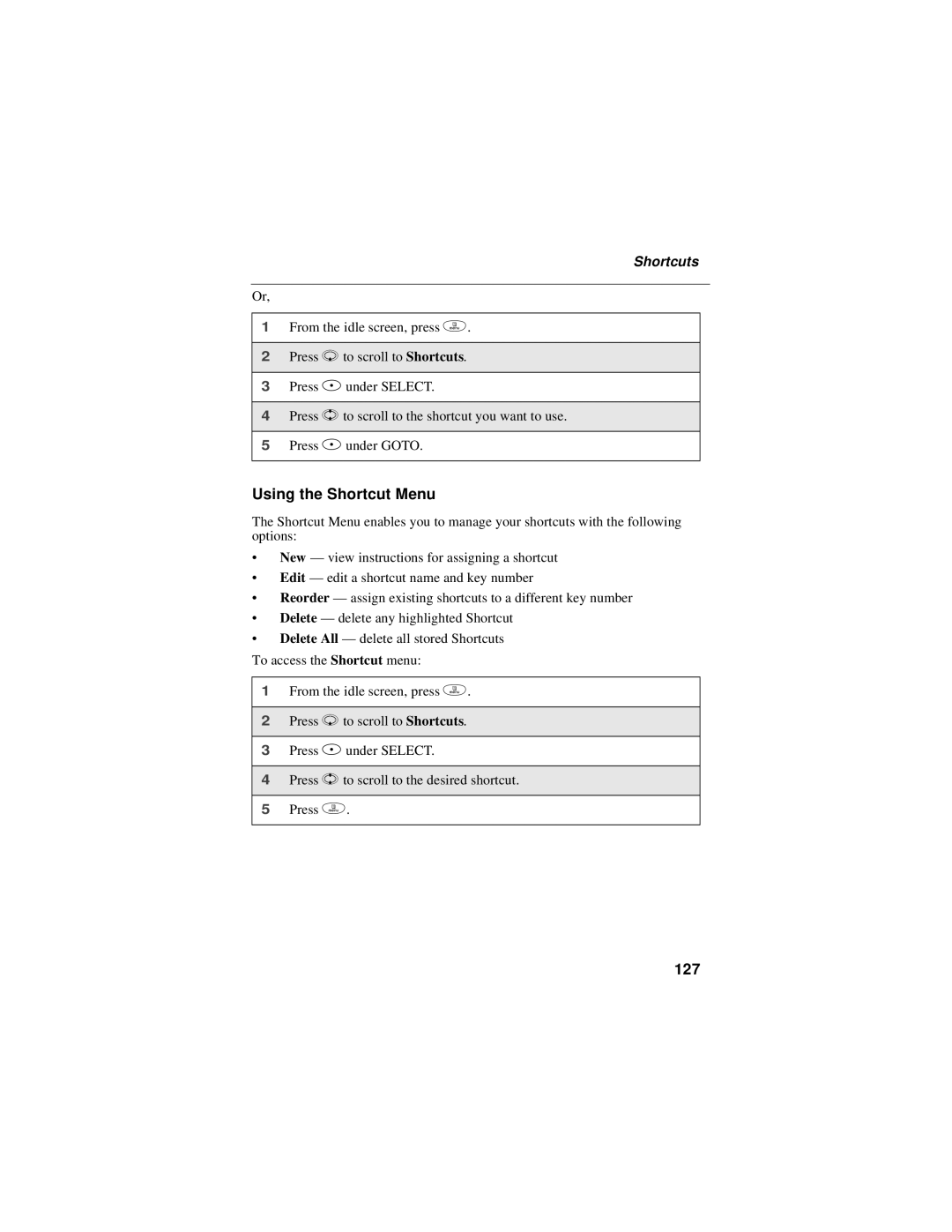 Motorola i50sx manual Using the Shortcut Menu, 127 