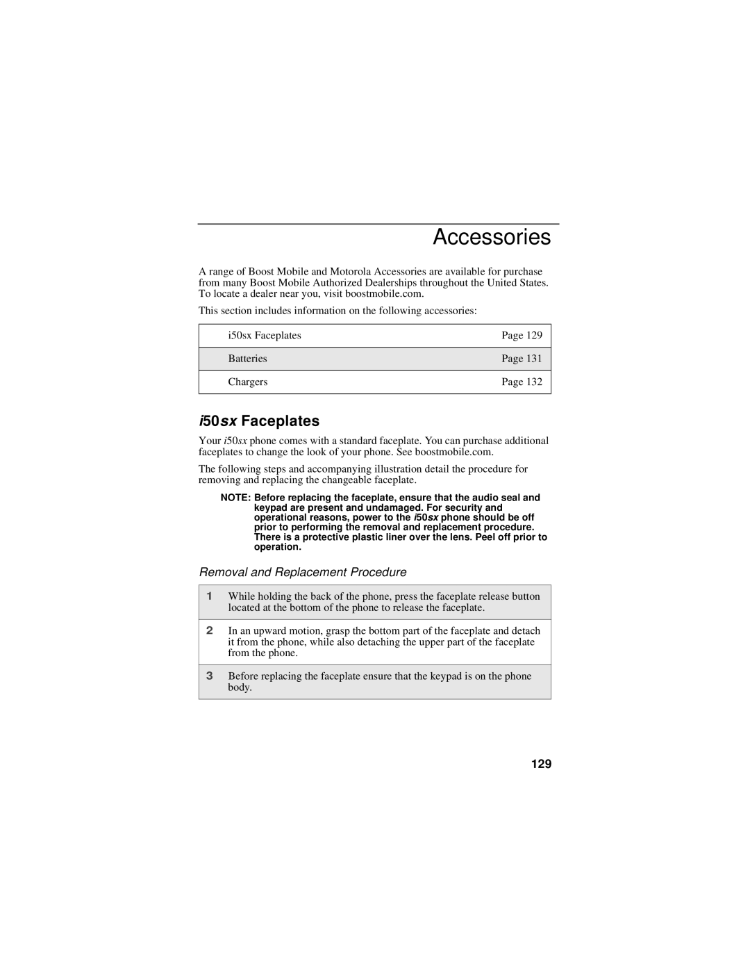 Motorola i50sx manual Accessories, I50sx Faceplates, Removal and Replacement Procedure, 129 