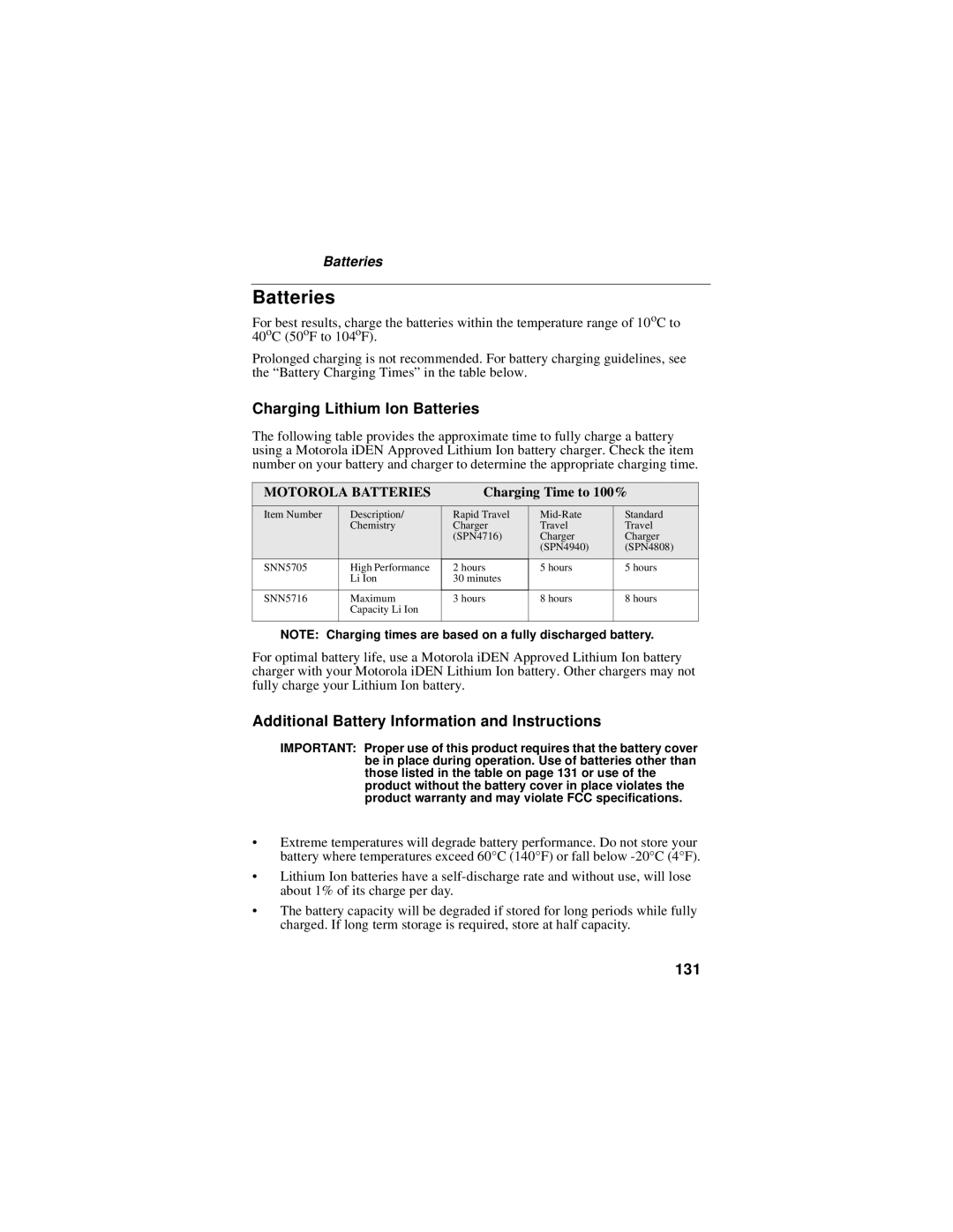 Motorola i50sx manual Charging Lithium Ion Batteries, Additional Battery Information and Instructions, 131 