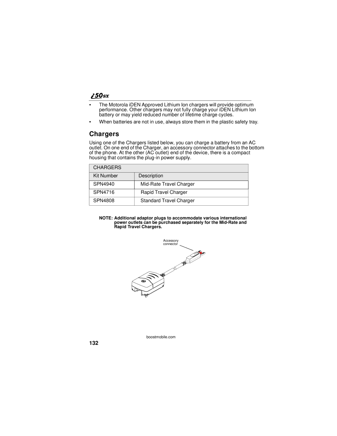 Motorola i50sx manual Chargers, 132 
