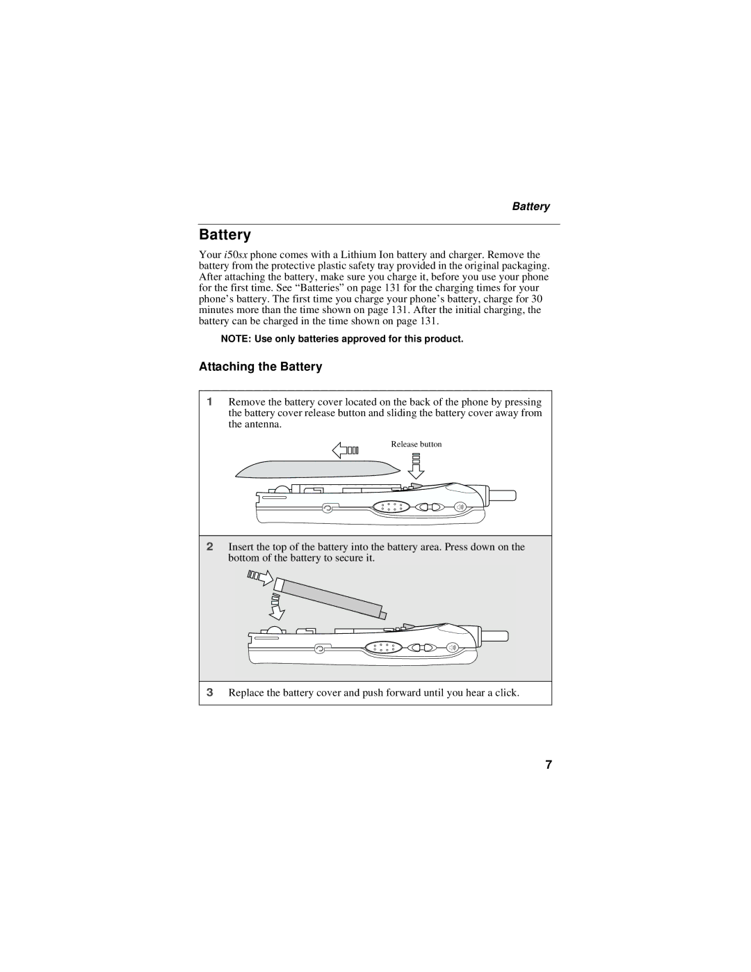 Motorola i50sx manual Attaching the Battery 