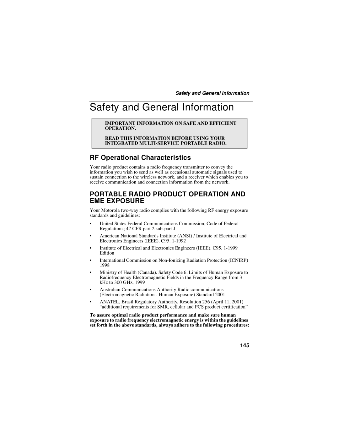 Motorola i50sx manual Safety and General Information, RF Operational Characteristics, 145 