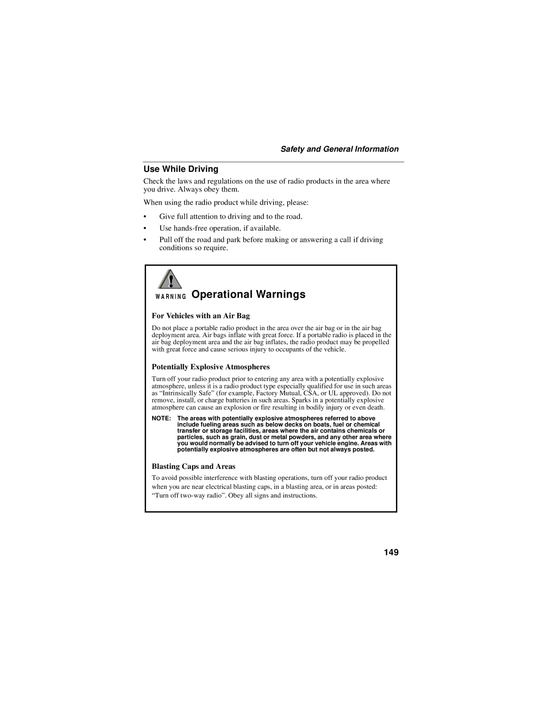 Motorola i50sx manual R N I N G Operational Warnings, Use While Driving, 149 