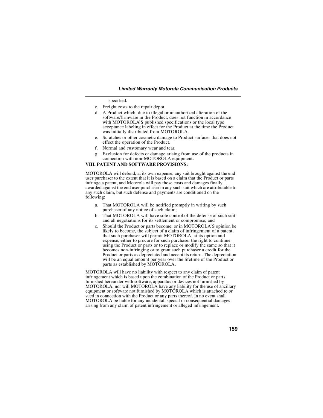 Motorola i50sx manual 159, VIII. Patent and Software Provisions 