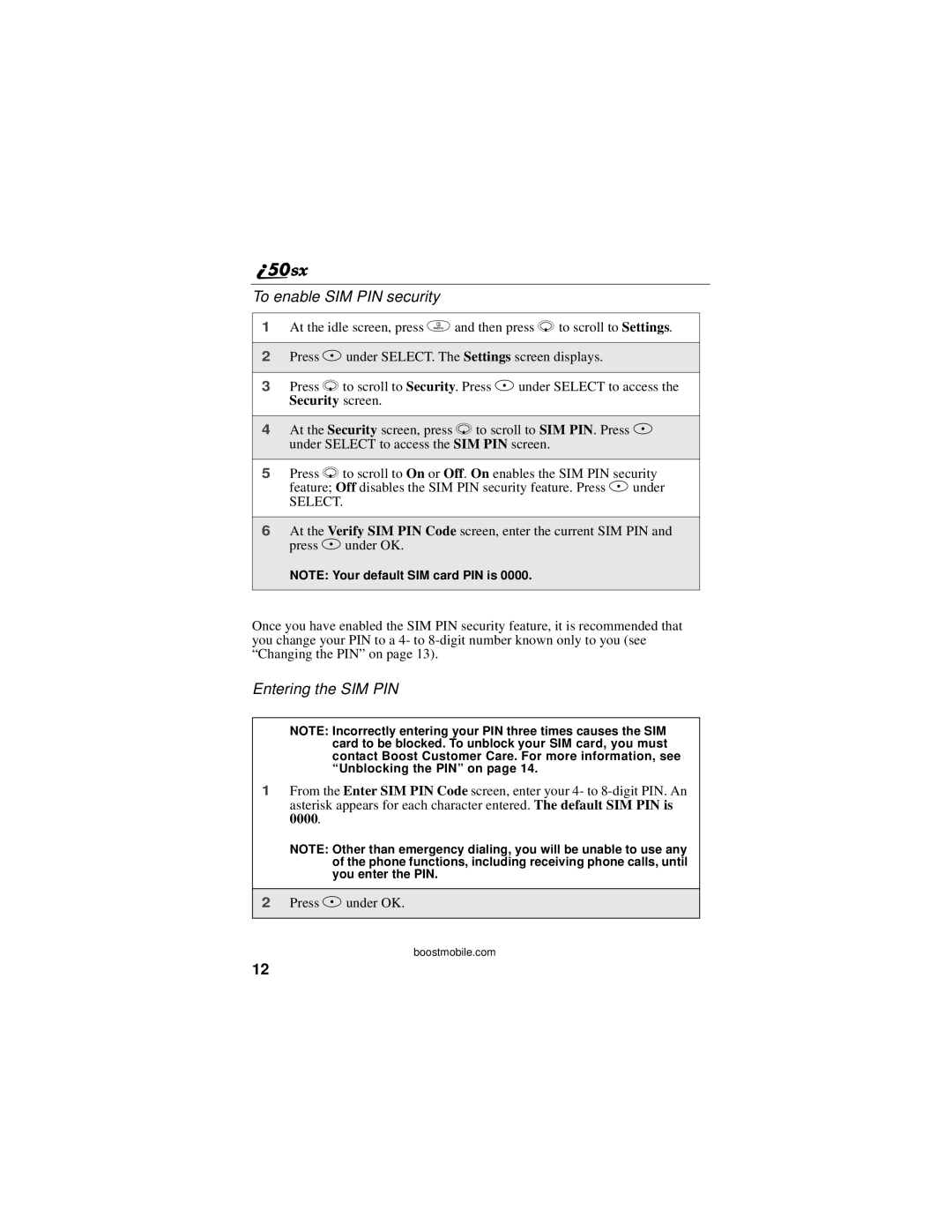 Motorola i50sx manual To enable SIM PIN security, Entering the SIM PIN 