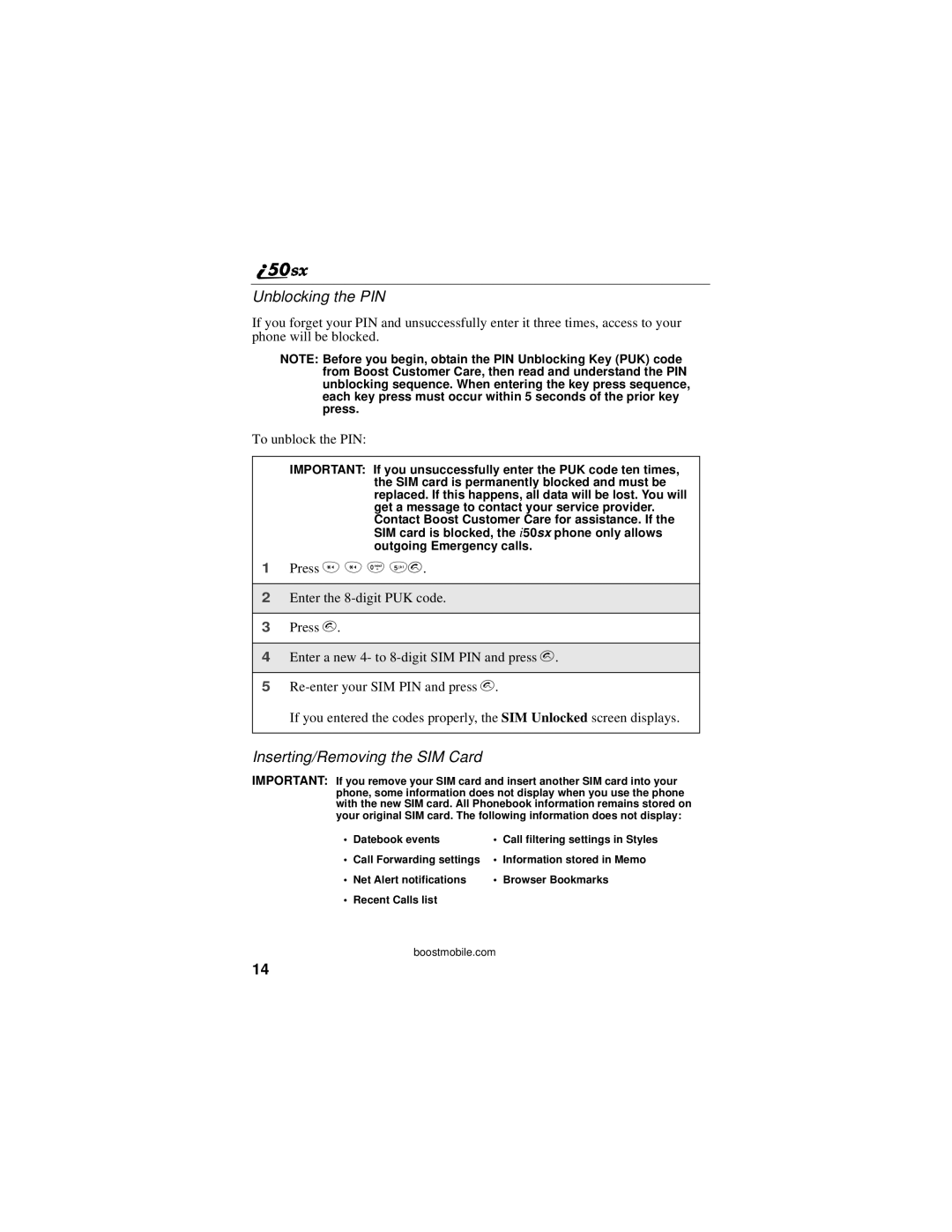 Motorola i50sx manual Unblocking the PIN, Inserting/Removing the SIM Card 