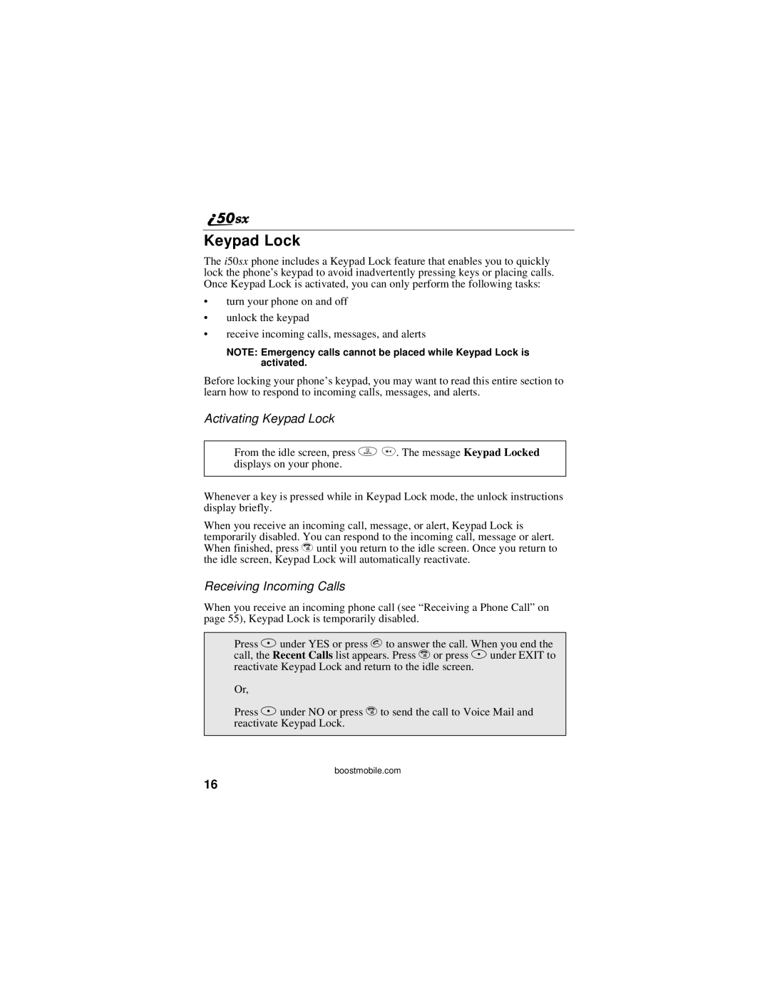 Motorola i50sx manual Activating Keypad Lock, Receiving Incoming Calls 