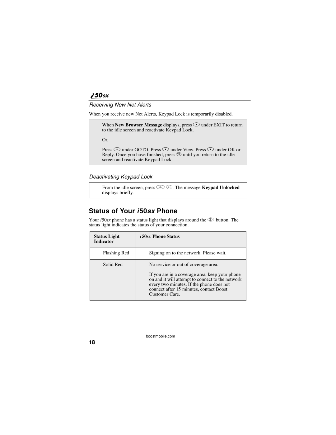 Motorola i50sx manual Status of Your i 50sx Phone, Receiving New Net Alerts, Deactivating Keypad Lock 