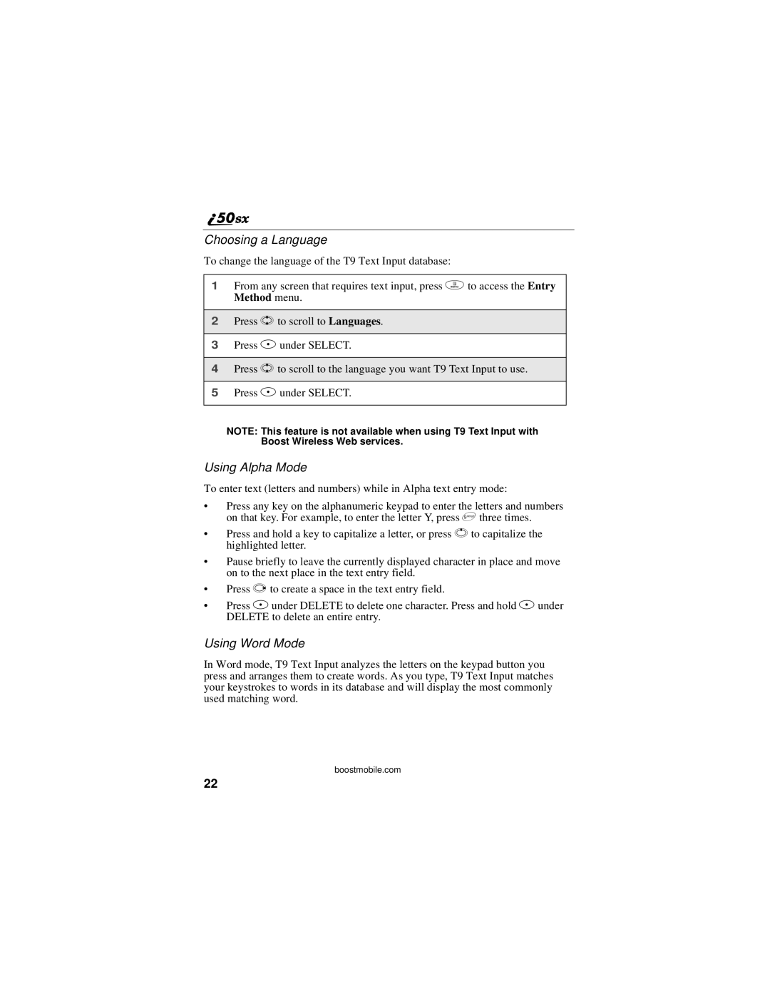 Motorola i50sx manual Choosing a Language, Using Alpha Mode, Using Word Mode 