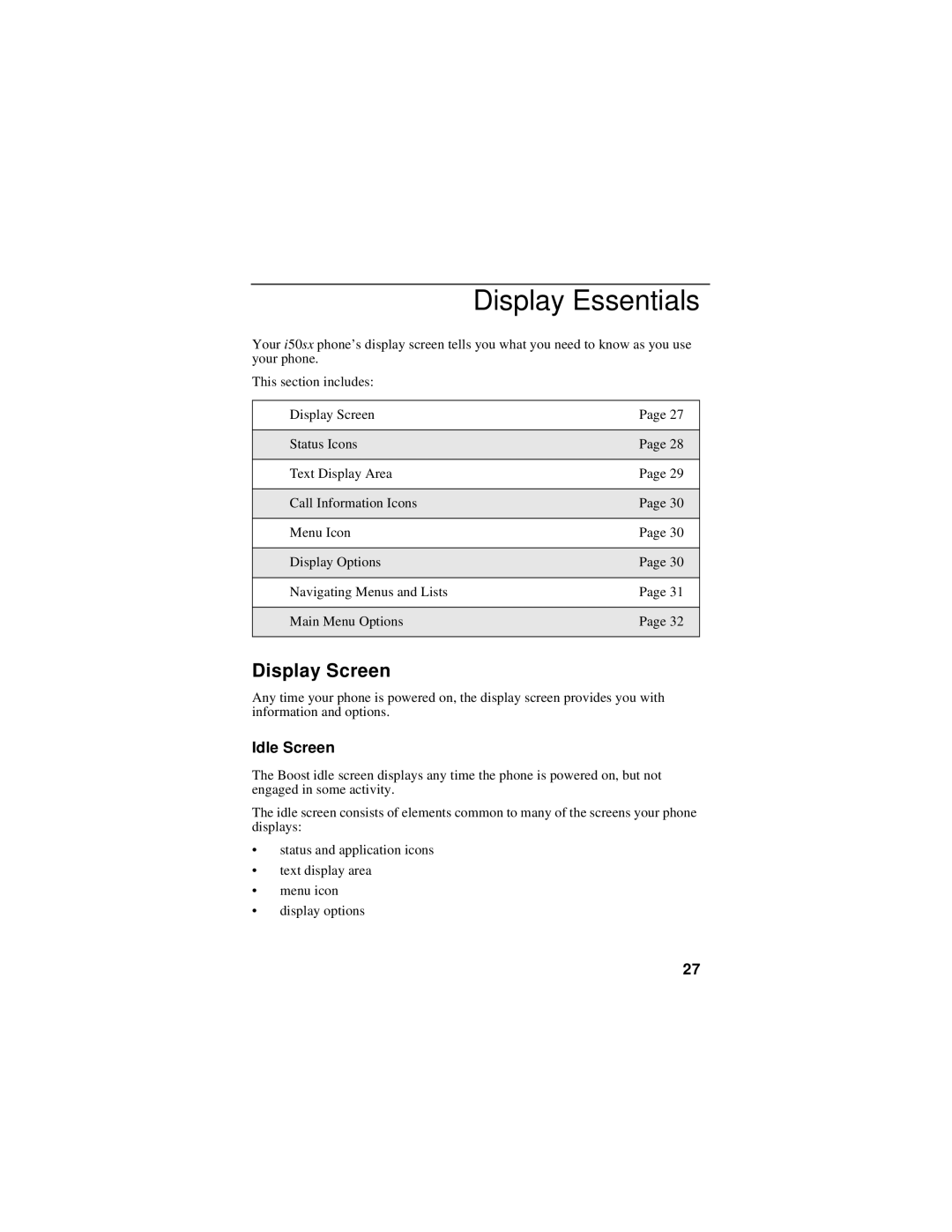 Motorola i50sx manual Display Essentials, Display Screen, Idle Screen 