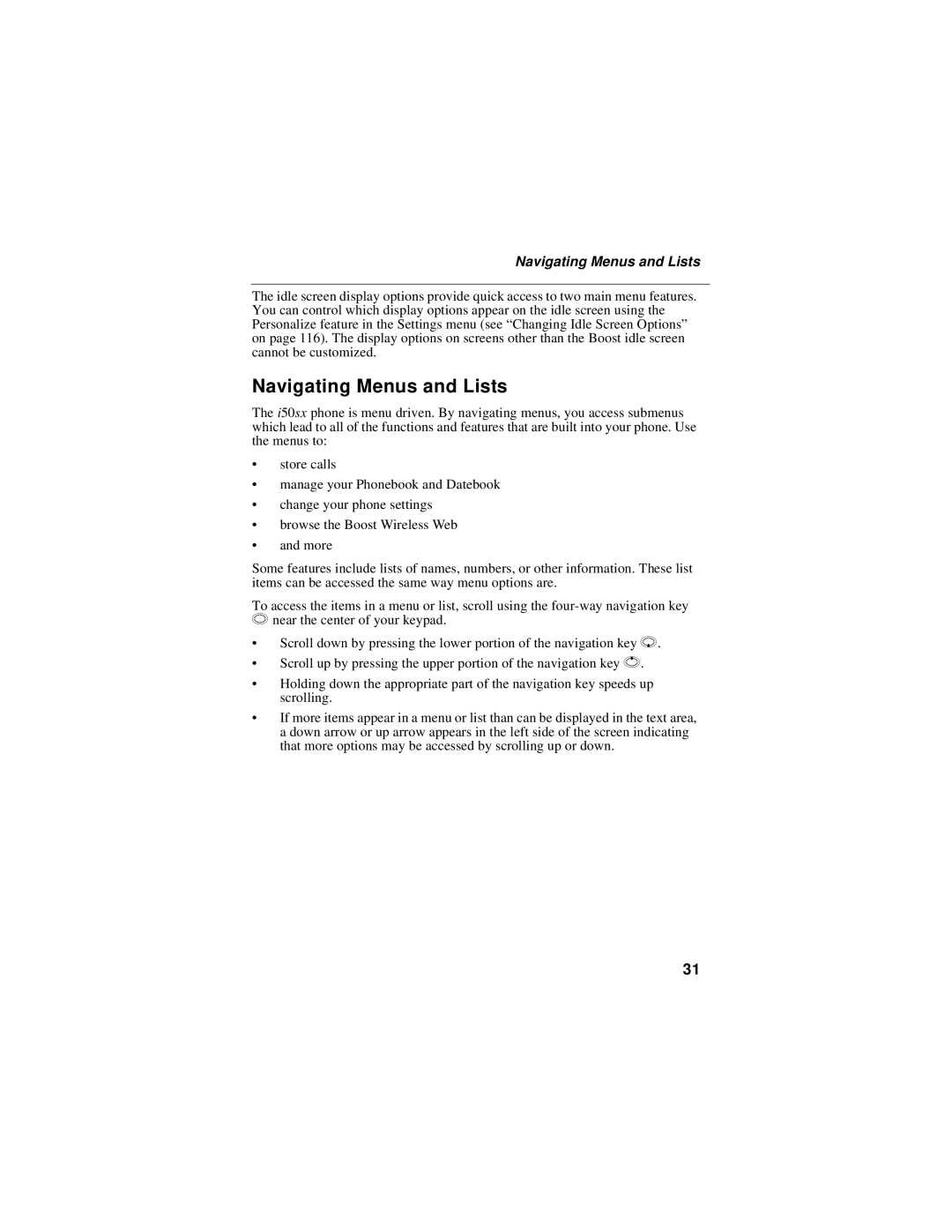 Motorola i50sx manual Navigating Menus and Lists 