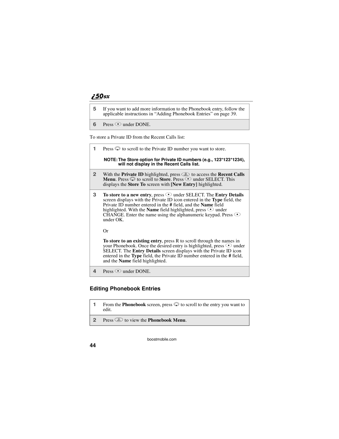 Motorola i50sx manual Editing Phonebook Entries 