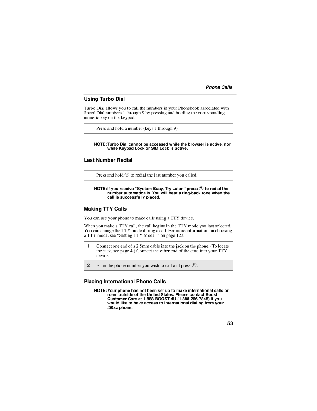 Motorola i50sx manual Using Turbo Dial, Last Number Redial, Making TTY Calls, Placing International Phone Calls 