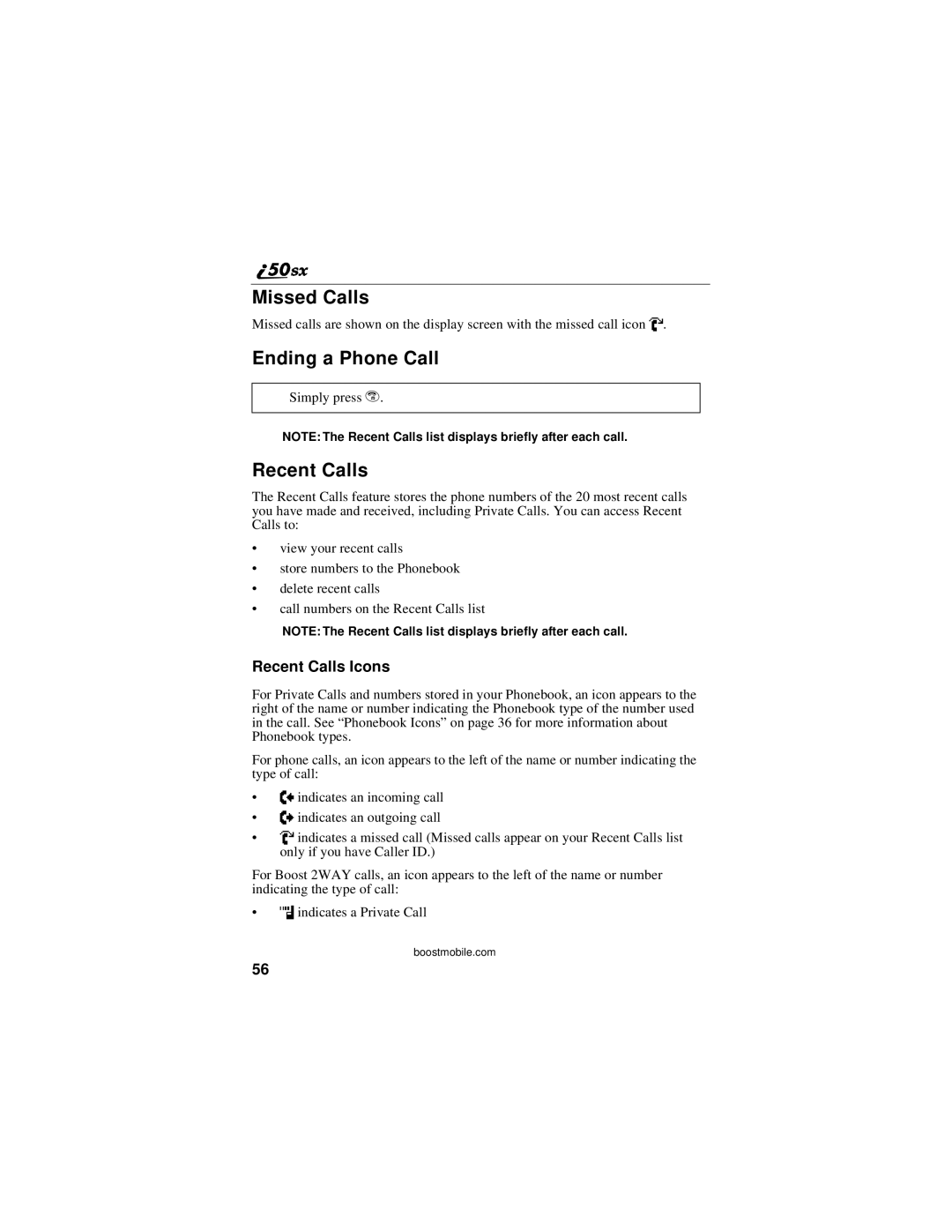 Motorola i50sx manual Missed Calls, Ending a Phone Call, Recent Calls Icons 