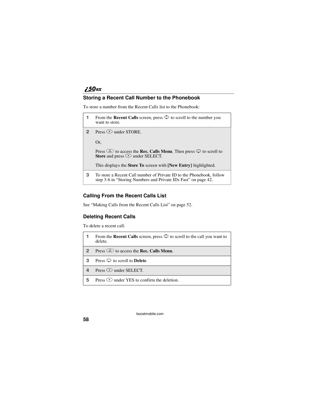 Motorola i50sx Storing a Recent Call Number to the Phonebook, Calling From the Recent Calls List, Deleting Recent Calls 