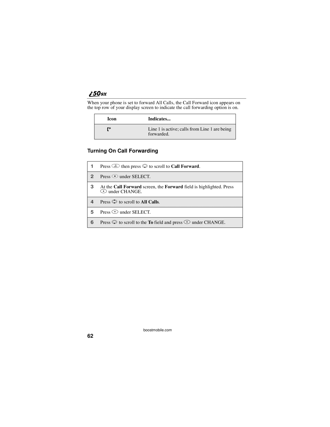 Motorola i50sx manual Turning On Call Forwarding 