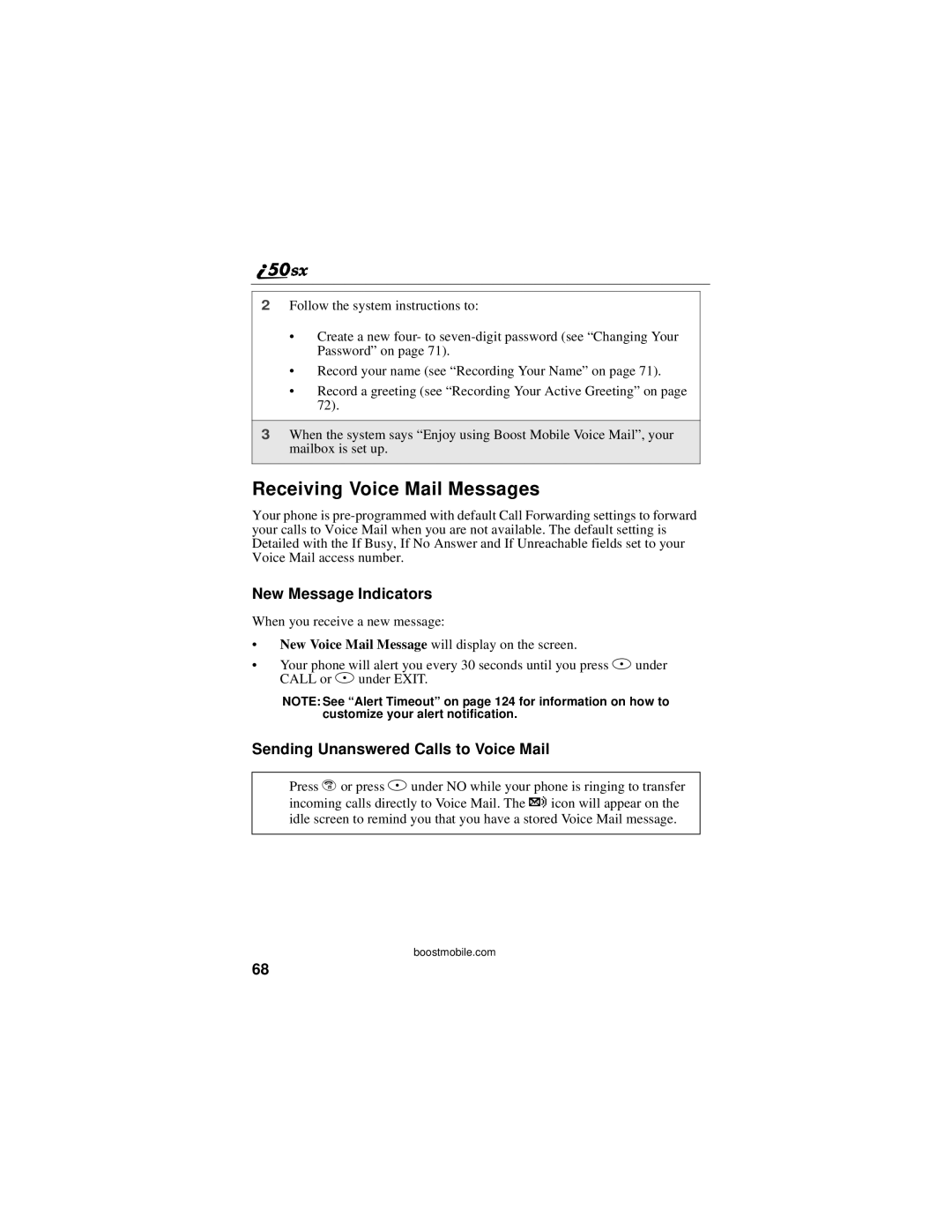 Motorola i50sx manual Receiving Voice Mail Messages, New Message Indicators, Sending Unanswered Calls to Voice Mail 