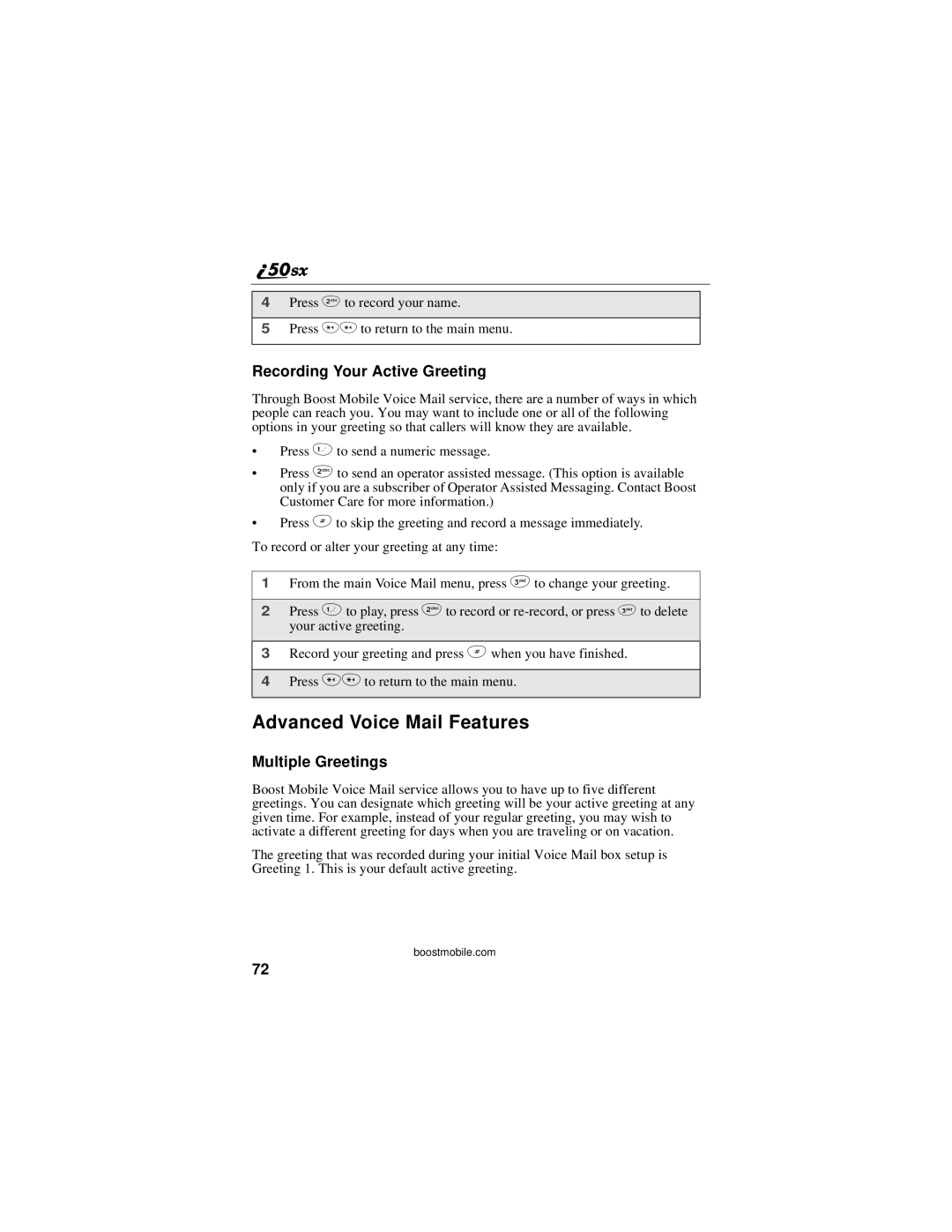 Motorola i50sx manual Advanced Voice Mail Features, Recording Your Active Greeting, Multiple Greetings 