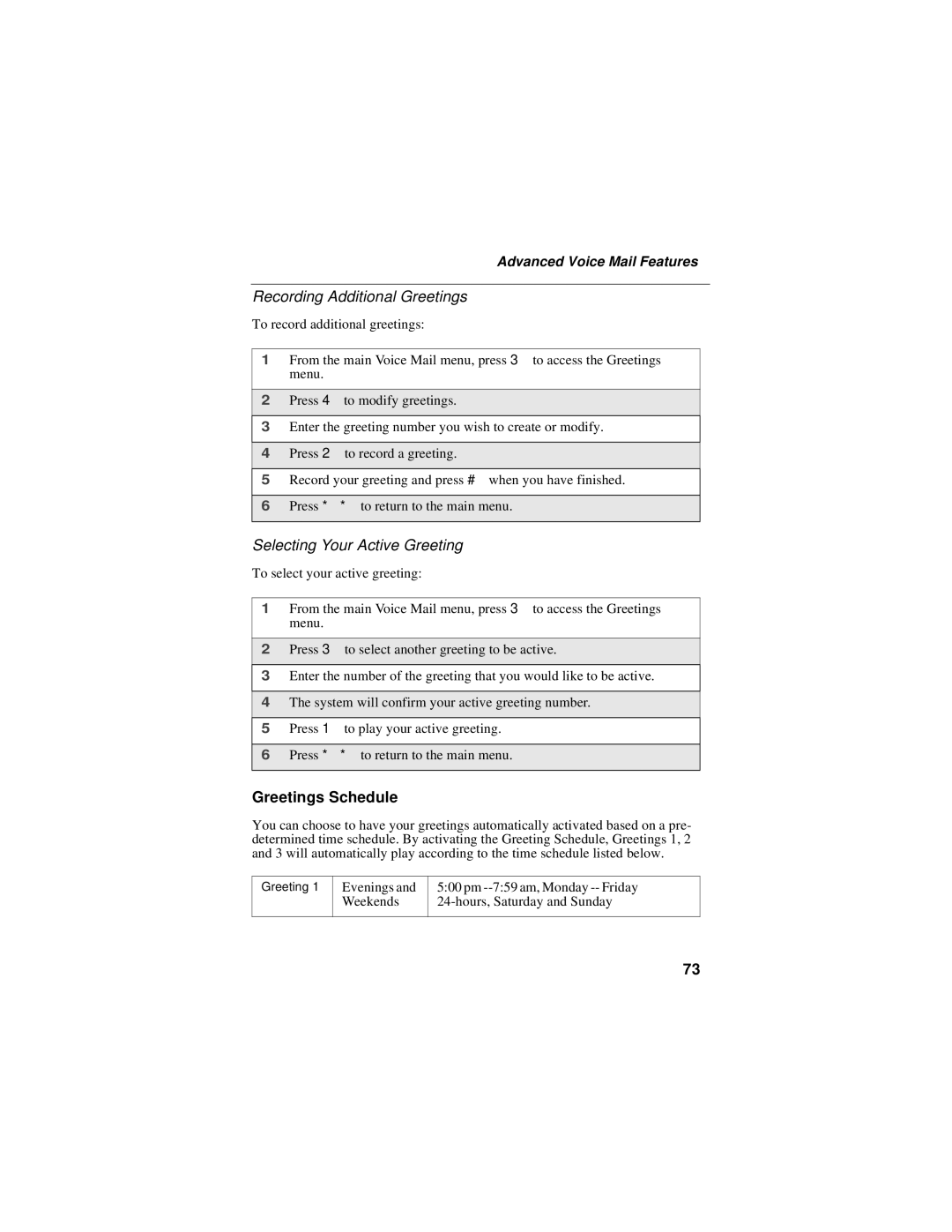 Motorola i50sx manual Recording Additional Greetings, Selecting Your Active Greeting, Greetings Schedule 