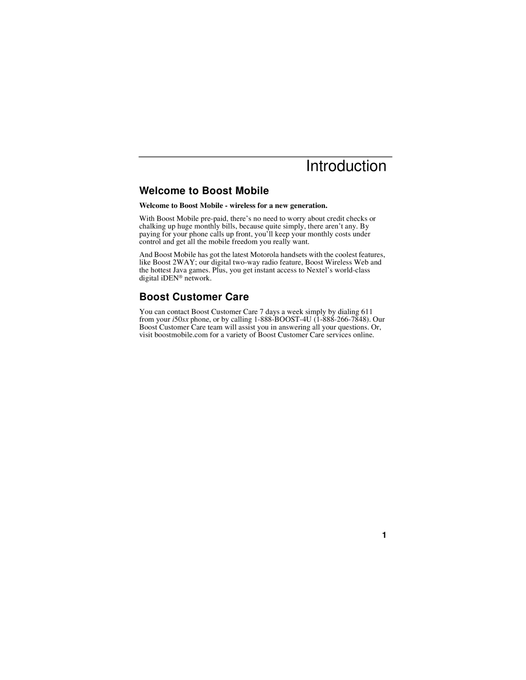 Motorola i50sx manual Introduction, Welcome to Boost Mobile, Boost Customer Care 