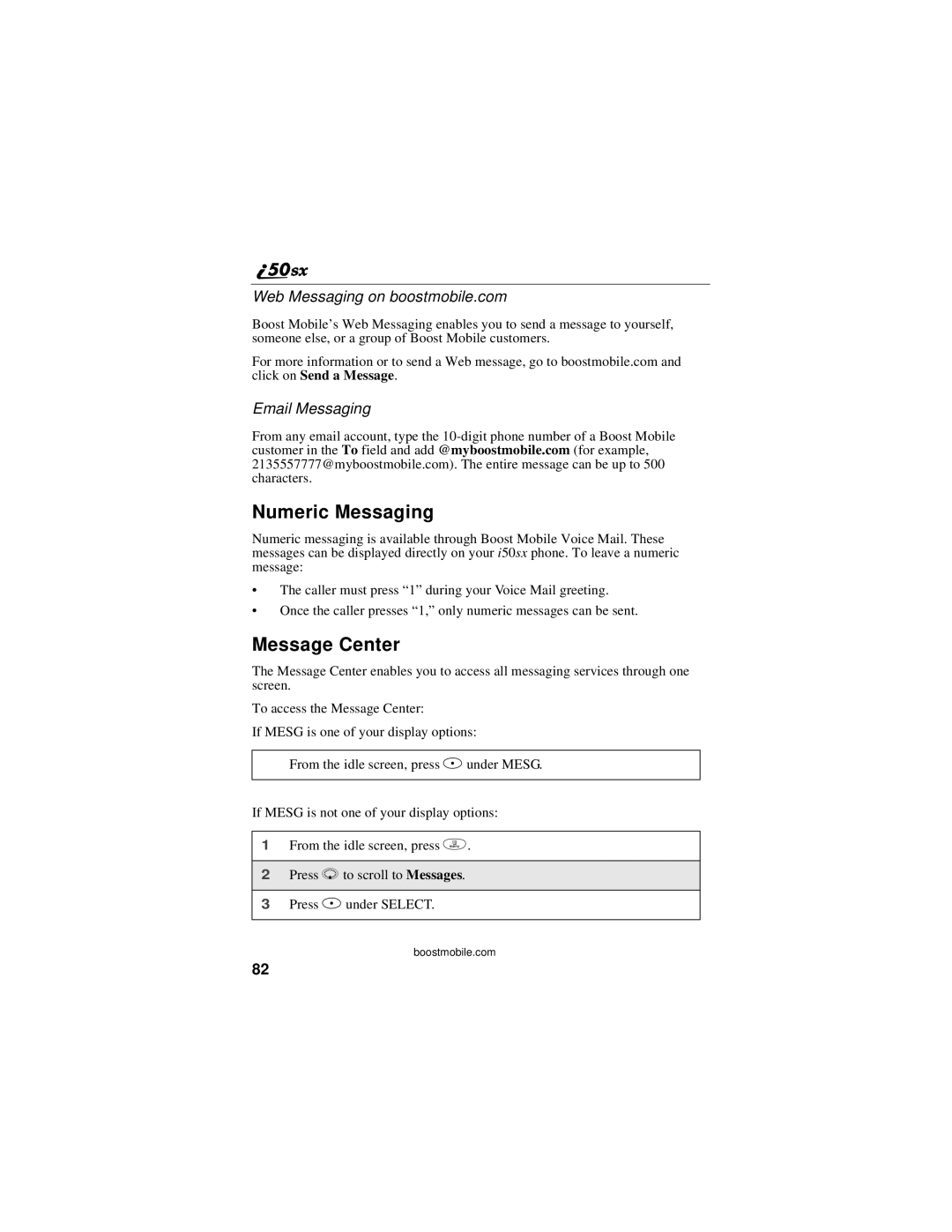 Motorola i50sx manual Numeric Messaging, Message Center, Web Messaging on boostmobile.com, Email Messaging 