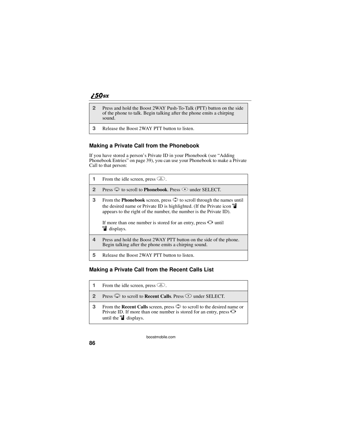 Motorola i50sx manual Making a Private Call from the Phonebook, Making a Private Call from the Recent Calls List 