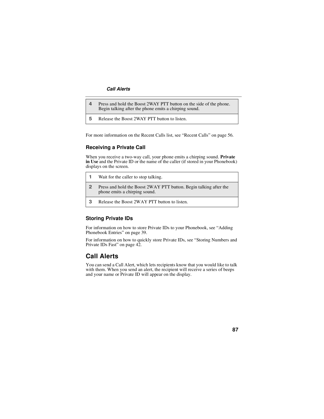 Motorola i50sx manual Call Alerts, Receiving a Private Call, Storing Private IDs 