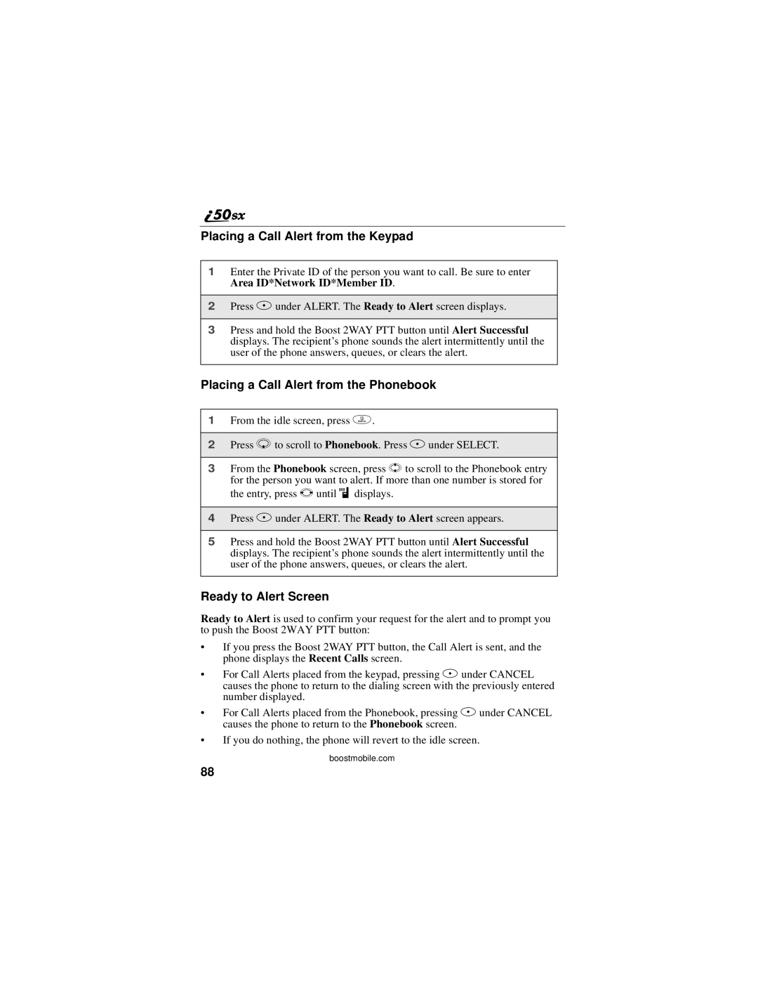 Motorola i50sx manual Placing a Call Alert from the Keypad, Placing a Call Alert from the Phonebook, Ready to Alert Screen 