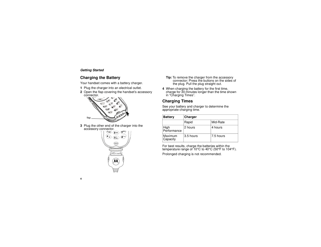 Motorola I530 manual Charging the Battery, Charging Times, Battery Charger 