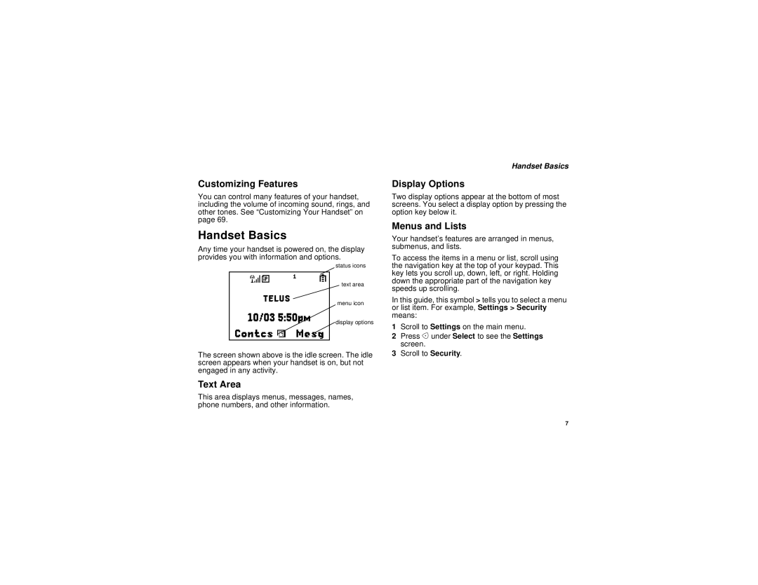 Motorola I530 manual Handset Basics, Customizing Features, Display Options, Menus and Lists, Text Area 